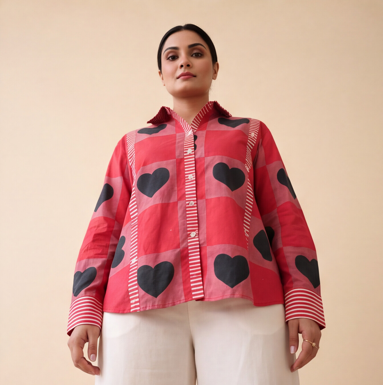 Women's Red Heart Print Casual Shirt – Product Description (Shirt Only)