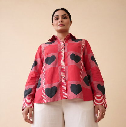 Women's Red Heart Print Casual Shirt – Product Description (Shirt Only)