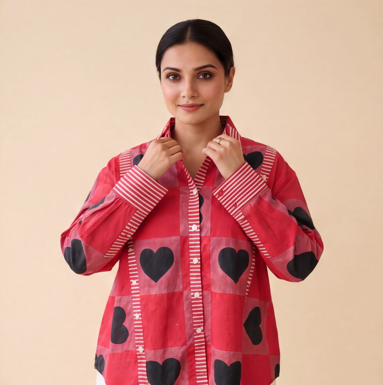 Women's Red Heart Print Casual Shirt – Product Description (Shirt Only)