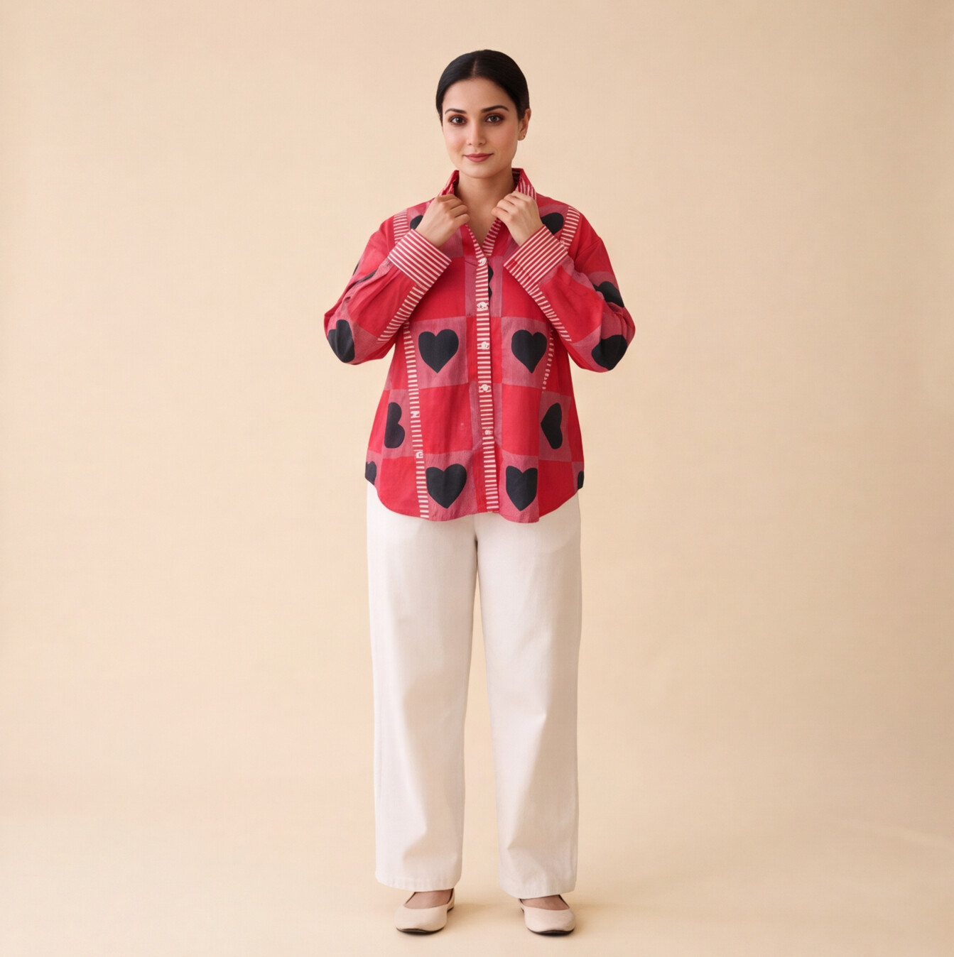Women's Red Heart Print Casual Shirt – Product Description (Shirt Only)