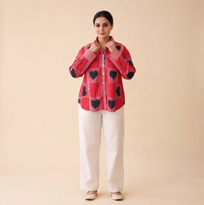 Women's Red Heart Print Casual Shirt – Product Description (Shirt Only)