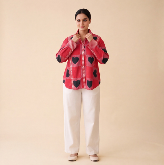 Women's Red Heart Print Casual Shirt – Product Description (Shirt Only)