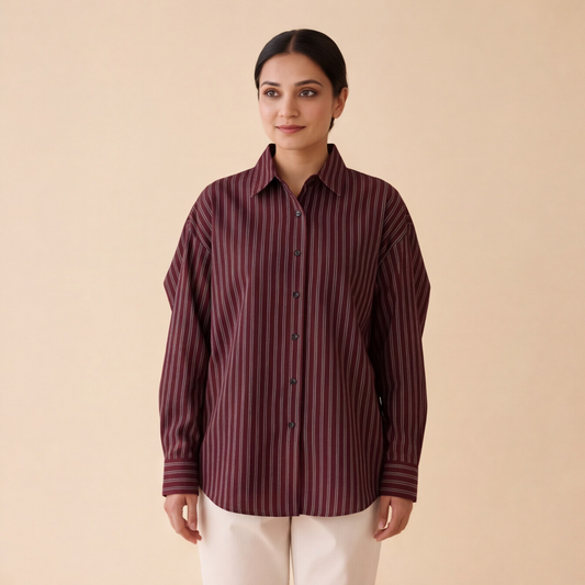 Women's Maroon Striped Casual Shirt – Product Description (Shirt Only)