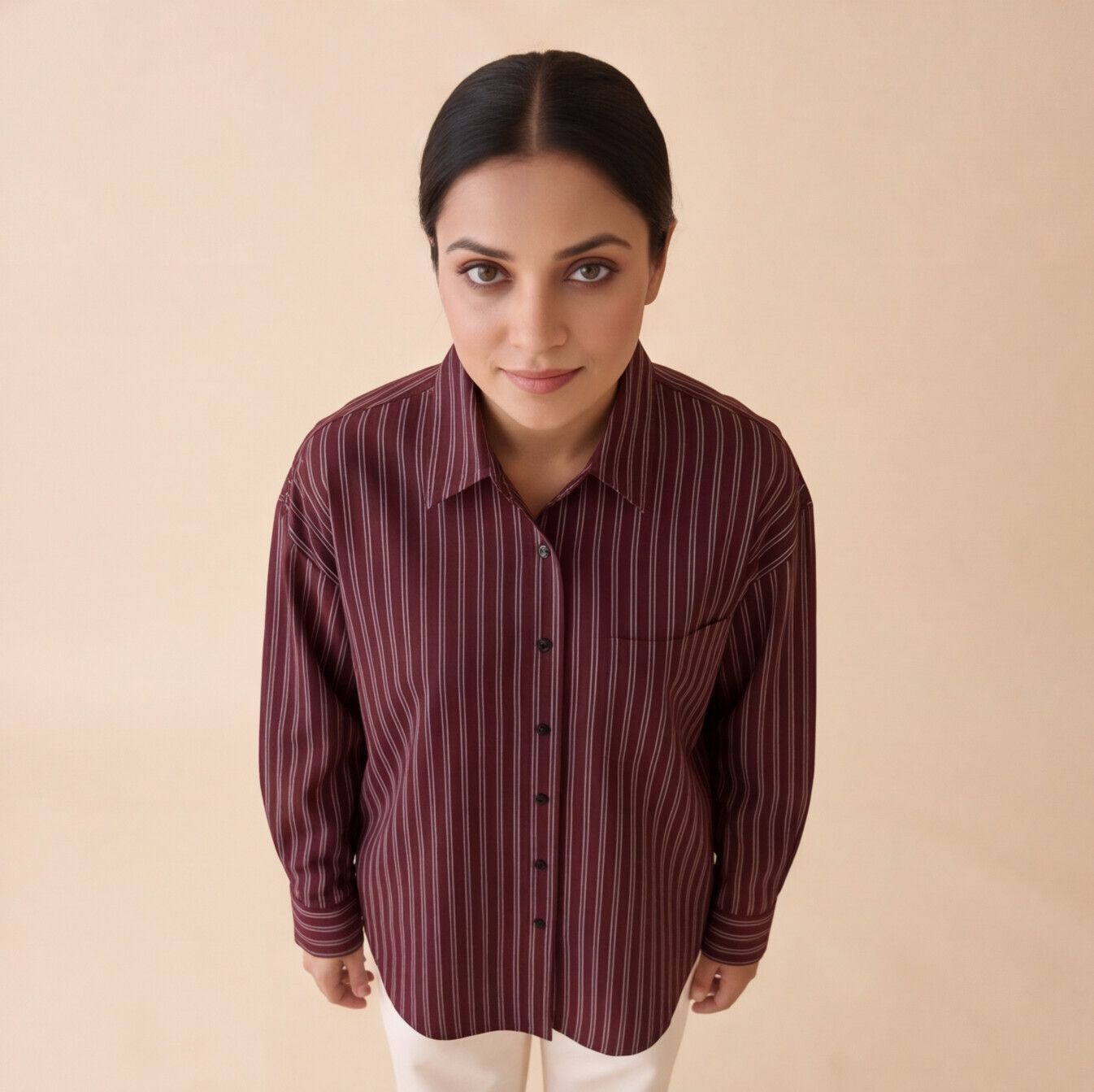 Women's Maroon Striped Casual Shirt – Product Description (Shirt Only)