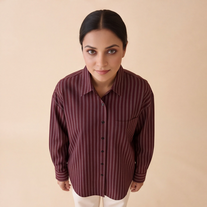 Women's Maroon Striped Casual Shirt – Product Description (Shirt Only)