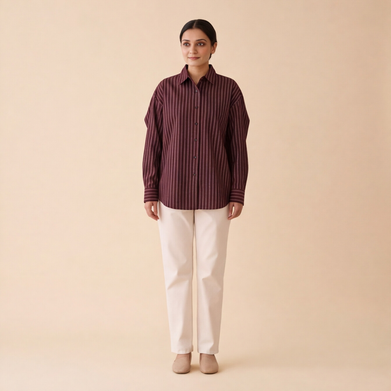 Women's Maroon Striped Casual Shirt – Product Description (Shirt Only)