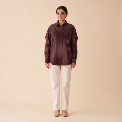 Women's Maroon Striped Casual Shirt – Product Description (Shirt Only)