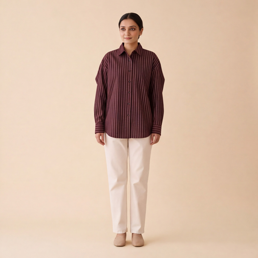 Women's Maroon Striped Casual Shirt – Product Description (Shirt Only)