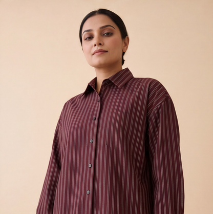 Women's Maroon Striped Casual Shirt – Product Description (Shirt Only)