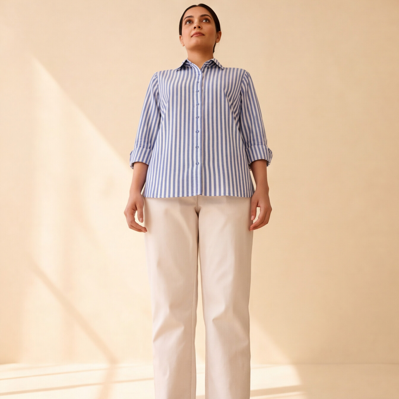Women's Blue & White Striped Casual Shirt – Product Description (Shirt Only)