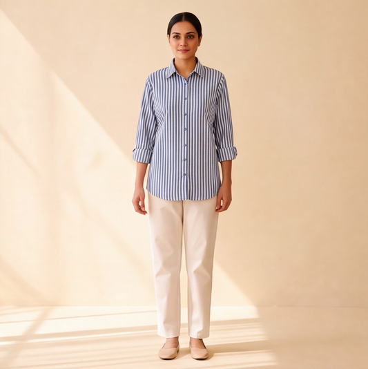 Women's Blue & White Striped Casual Shirt – Product Description (Shirt Only)