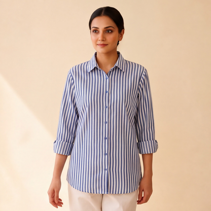 Women's Blue & White Striped Casual Shirt – Product Description (Shirt Only)