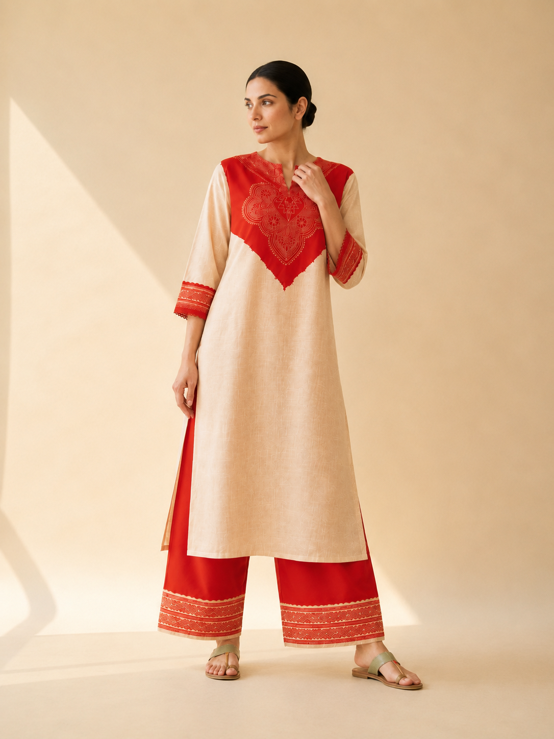 Ivory & Red Heritage Motif Kurta Palazzo Set