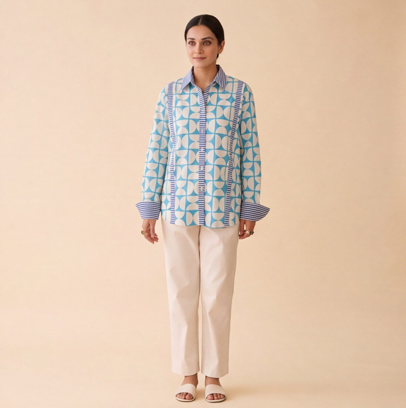 Women's Sky Blue Geometric Print Casual Shirt – Product Description (Shirt Only)