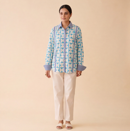 Women's Sky Blue Geometric Print Casual Shirt – Product Description (Shirt Only)
