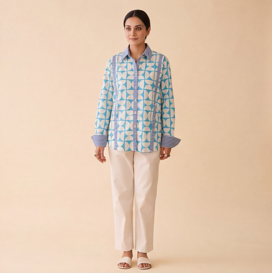 Women's Sky Blue Geometric Print Casual Shirt – Product Description (Shirt Only)