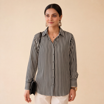 Women's Black & White Striped Casual Shirt – Product Description (Shirt Only)