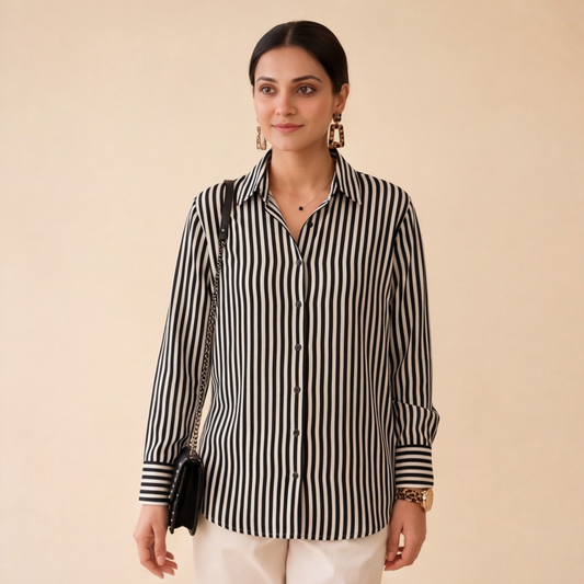 Women's Black & White Striped Casual Shirt – Product Description (Shirt Only)
