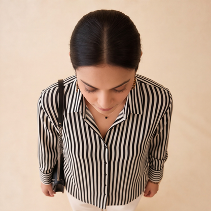 Women's Black & White Striped Casual Shirt – Product Description (Shirt Only)