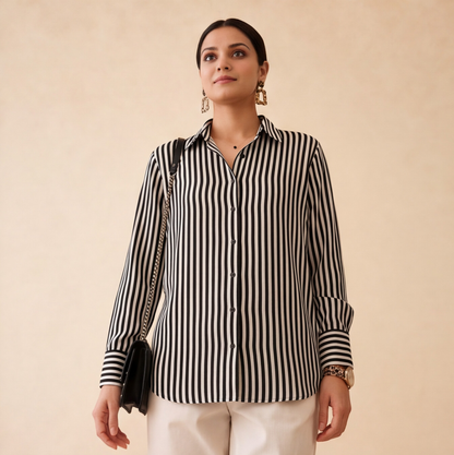 Women's Black & White Striped Casual Shirt – Product Description (Shirt Only)