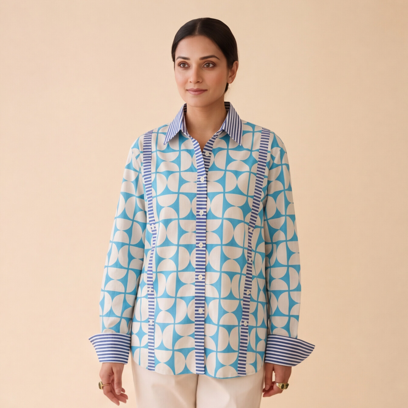 Women's Sky Blue Geometric Print Casual Shirt – Product Description (Shirt Only)
