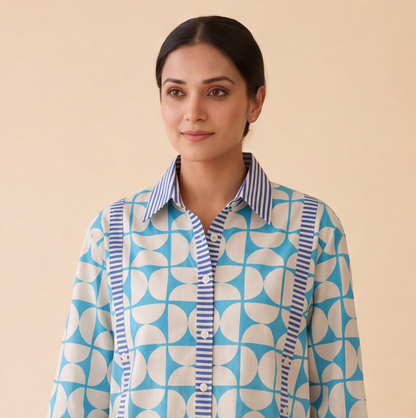 Women's Sky Blue Geometric Print Casual Shirt – Product Description (Shirt Only)