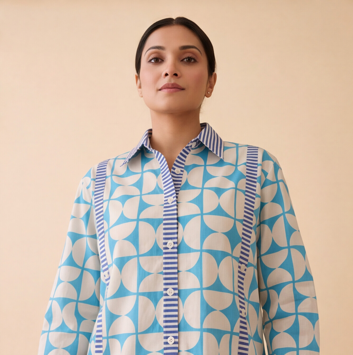 Women's Sky Blue Geometric Print Casual Shirt – Product Description (Shirt Only)
