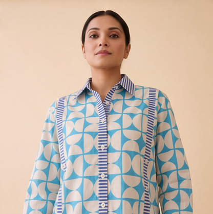 Women's Sky Blue Geometric Print Casual Shirt – Product Description (Shirt Only)