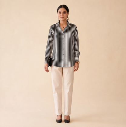 Women's Black & White Striped Casual Shirt – Product Description (Shirt Only)
