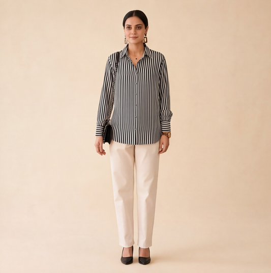 Women's Black & White Striped Casual Shirt – Product Description (Shirt Only)
