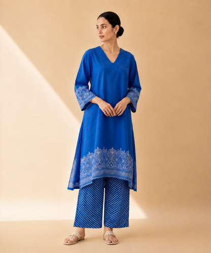 Royal Blue Heritage Border Kurta Palazzo Set
