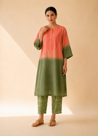 Coral & Olive Ombre Kurta Pant Set