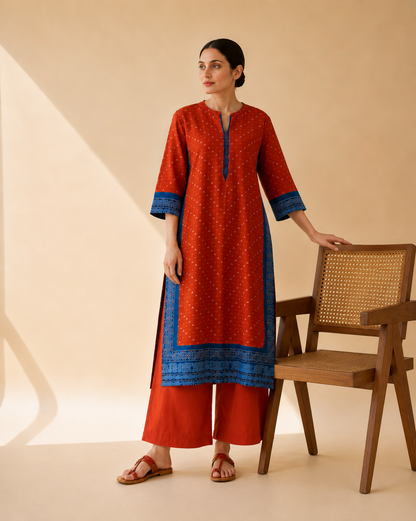 Rust Red & Royal Blue Border Kurta Palazzo Set