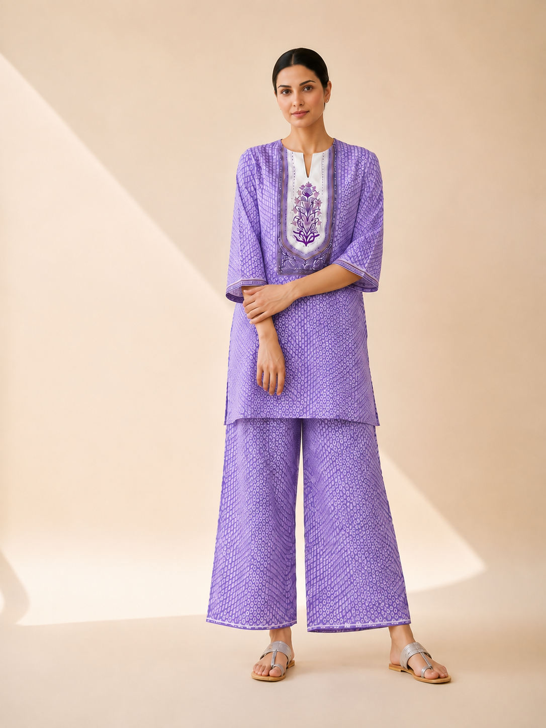 Lavender Bandhani Print Kurta Palazzo Set