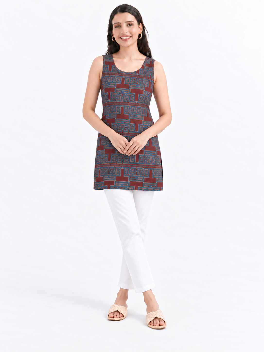 Women's Maroon Printed Sleeveless Cotton Top
