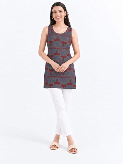 Women's Maroon Printed Sleeveless Cotton Top