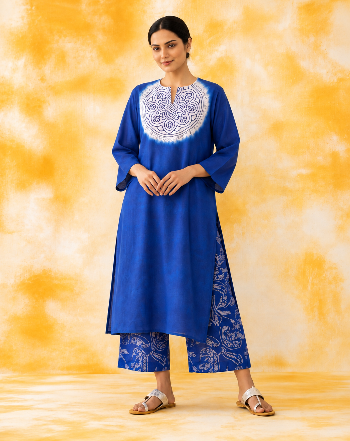 Women's Premium Blue Cotton Tie-Dye Embroidered Kurta