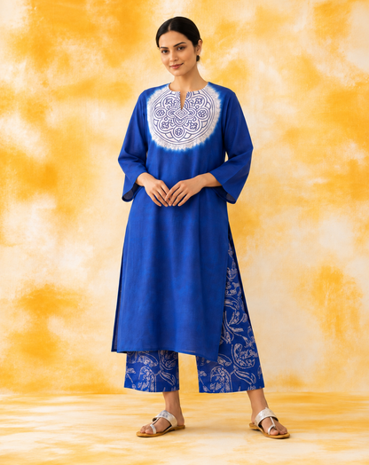 Women's Premium Blue Cotton Tie-Dye Embroidered Kurta