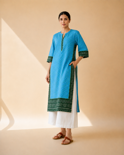 Sky Blue & Bottle Green Heritage Border Kurta Palazzo Set