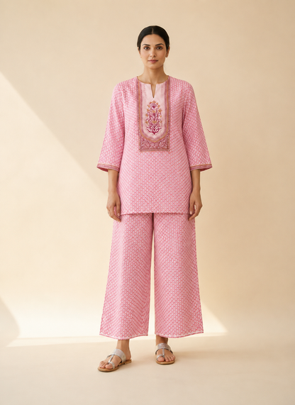Blush Pink Bandhani Print Kurta Palazzo Set
