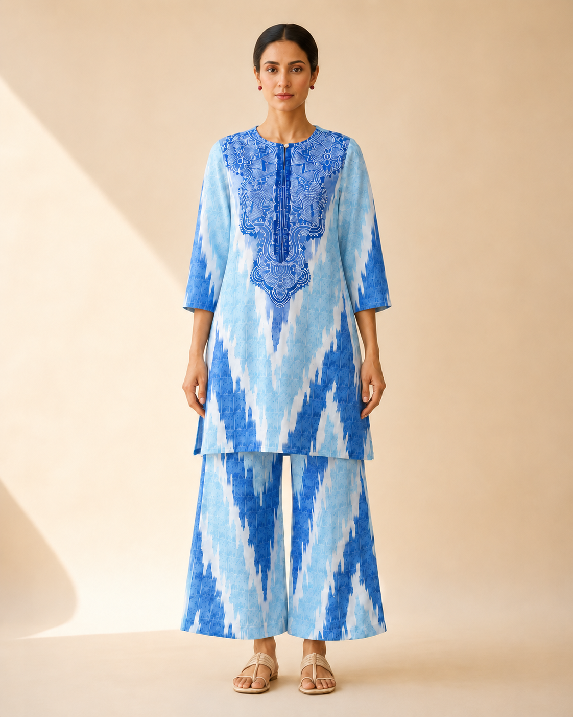 Azure Blue Artistic Print Kurta Palazzo Set