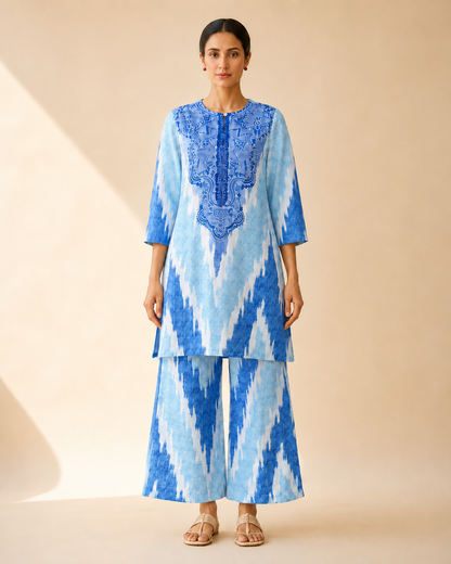 Azure Blue Artistic Print Kurta Palazzo Set