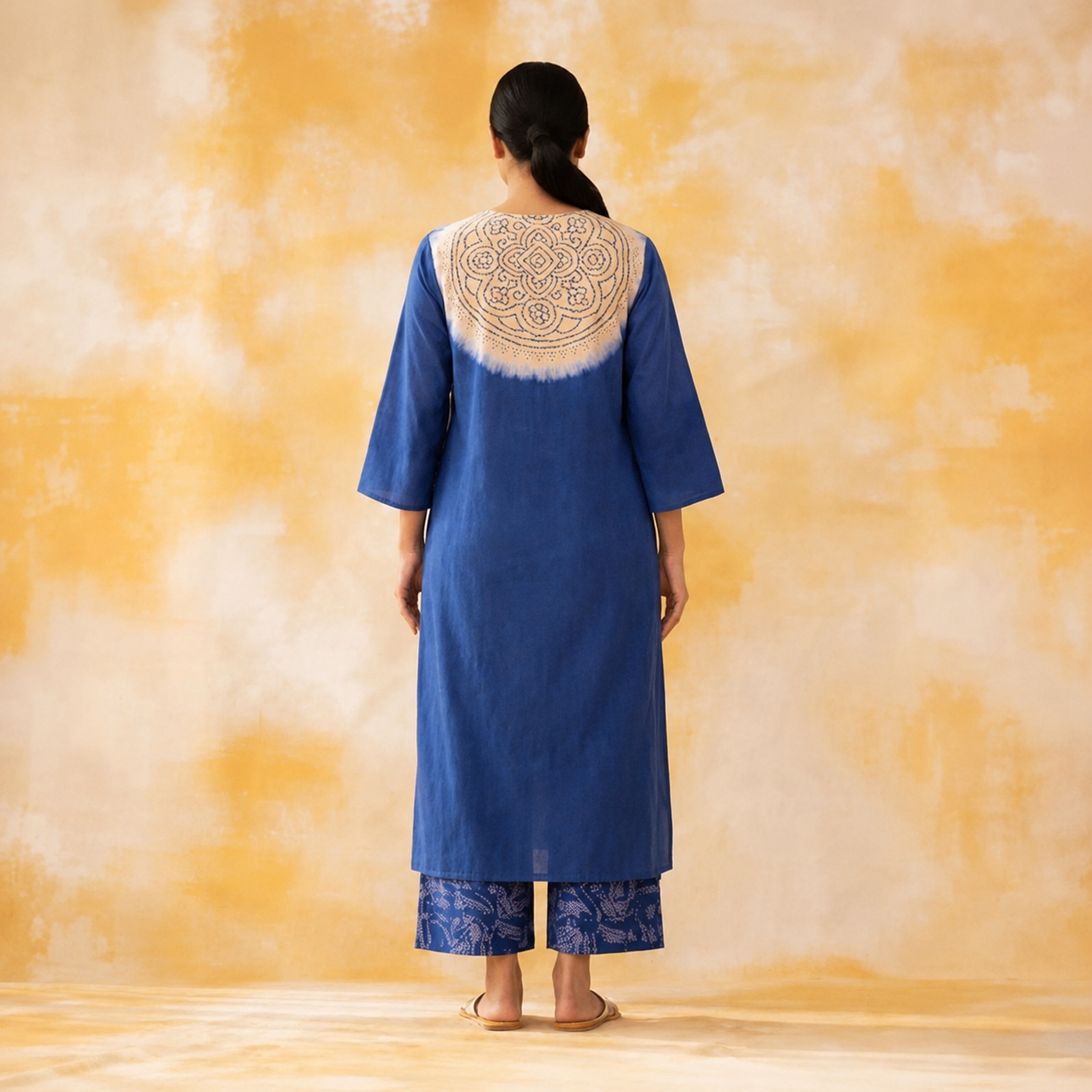 Women's Premium Blue Cotton Tie-Dye Embroidered Kurta