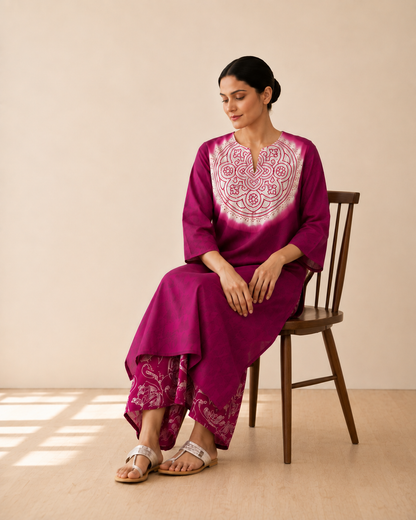 Women's Premium Magenta Cotton Tie-Dye Embroidered Kurta