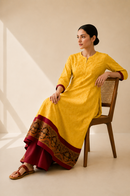 Mustard Yellow & Maroon Printed Flared Kurta Palazzo Set