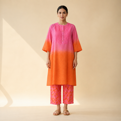Hot Pink & Orange Ombre Kurta Pant Set