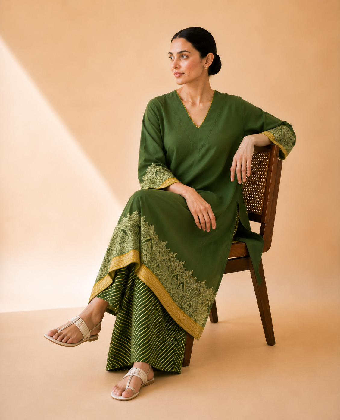 Olive Green Heritage Print Kurta Palazzo Set
