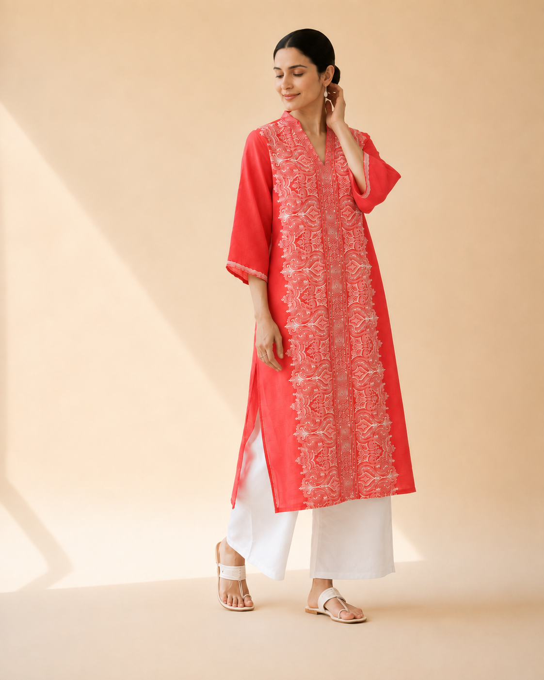 Coral Red Embroidered Kurta Palazzo Set