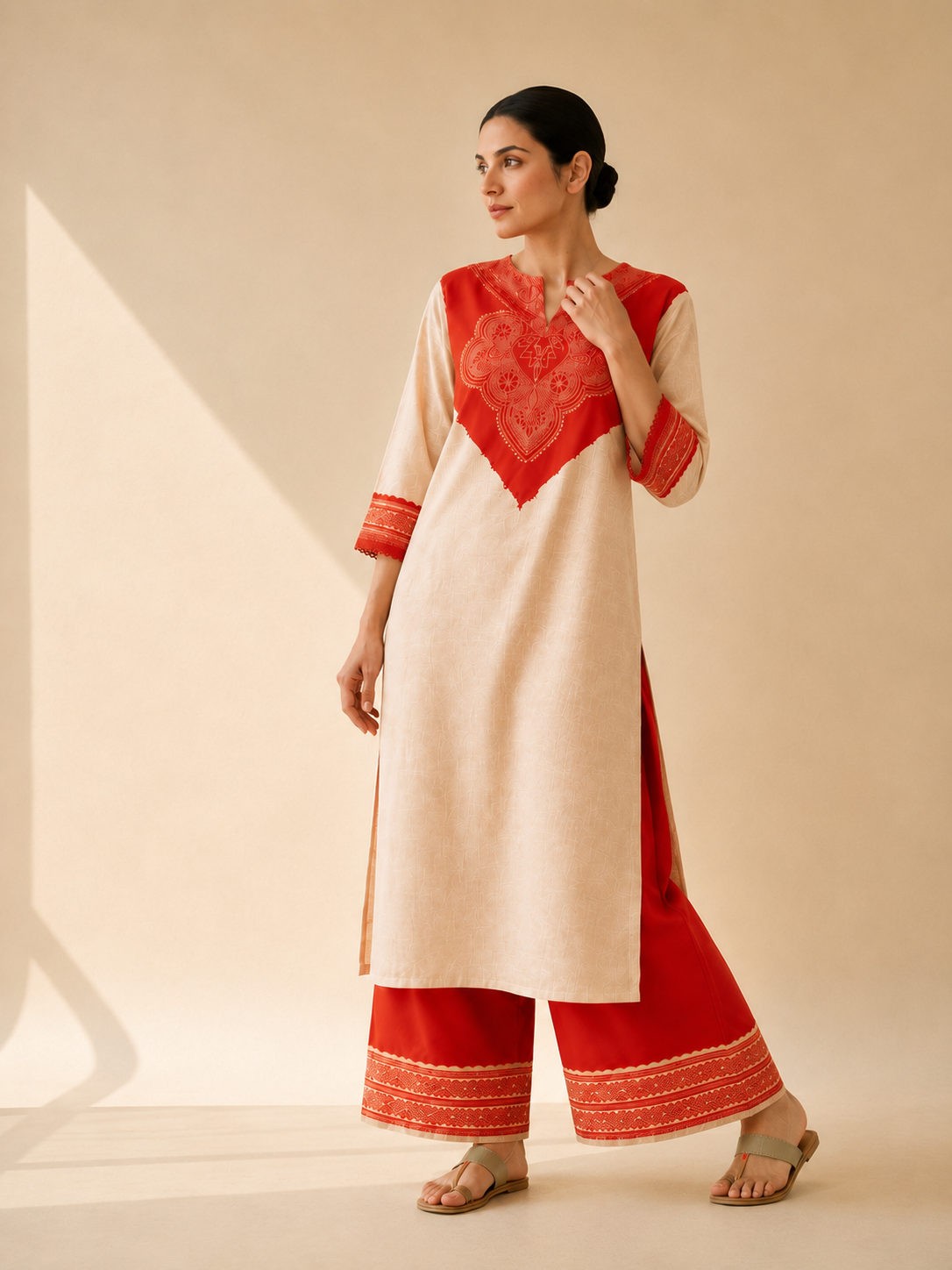 Ivory & Red Heritage Motif Kurta Palazzo Set