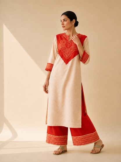 Ivory & Red Heritage Motif Kurta Palazzo Set